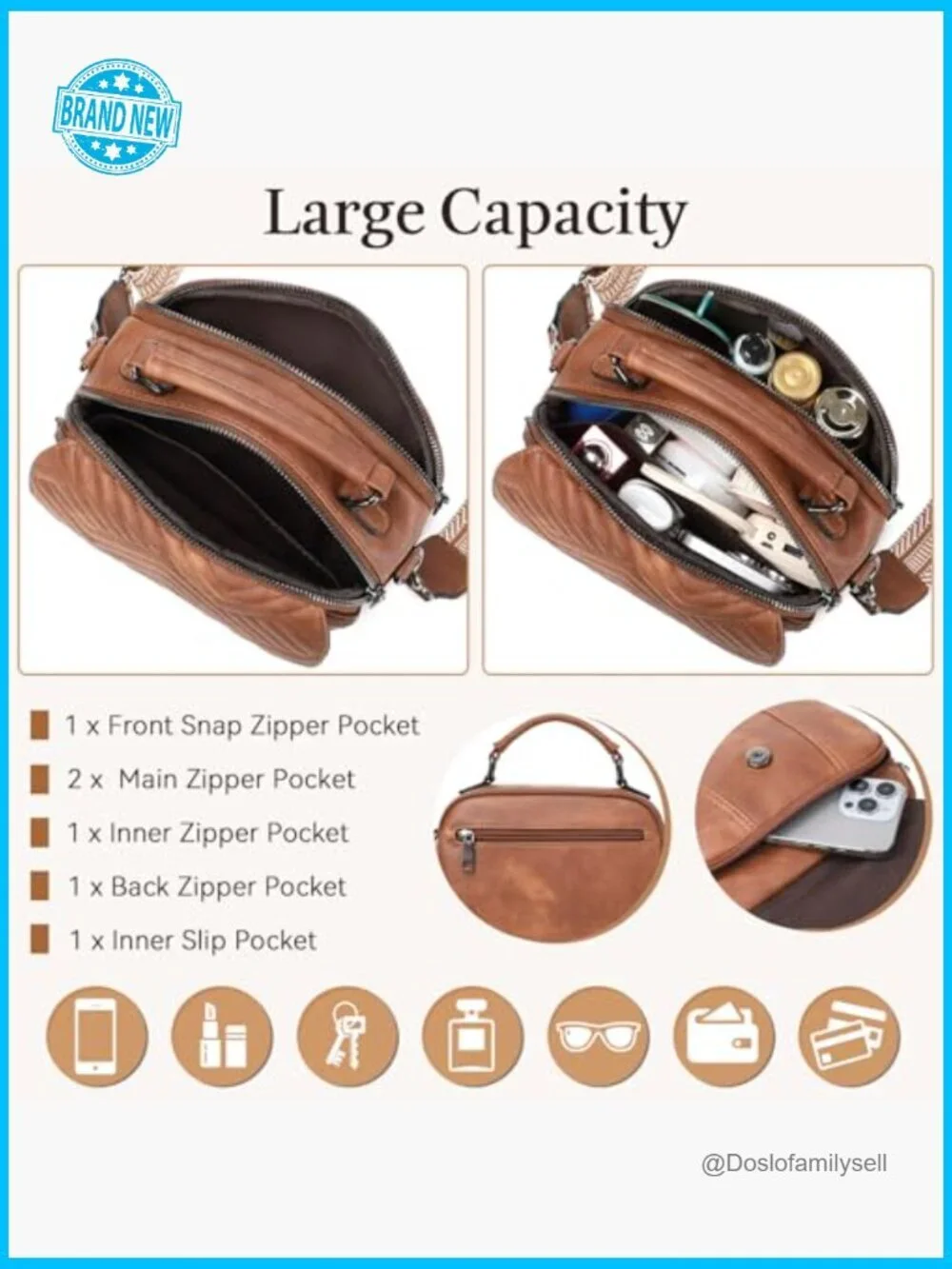 Quilted Vegan Leather Crossbody Bag with Wide Strap and Top Handle